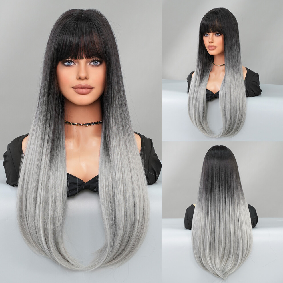 Unisex Black,Brown (Gray Black Gradient Top Dyeing_70cm 28 Inch) New European And American Women's Long Straight Hair Mocha Brown Inward Buckle Layered Fashion Wig Full
