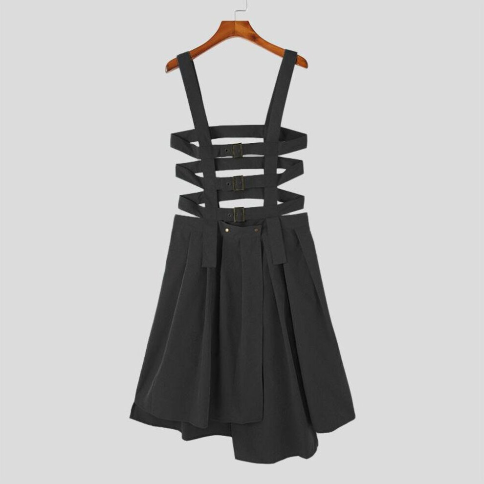 (black, XL) INCERUN Irregular Hem Men Strap Fashion Loose Casual Maxi Skirts