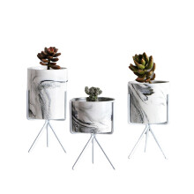 (White, M) S/M/L Nordic Style Flower Pot Iron Wire Metal Rack Marble Ceramic Succulent Plant Pot Cactus Decoration Basin with Stand