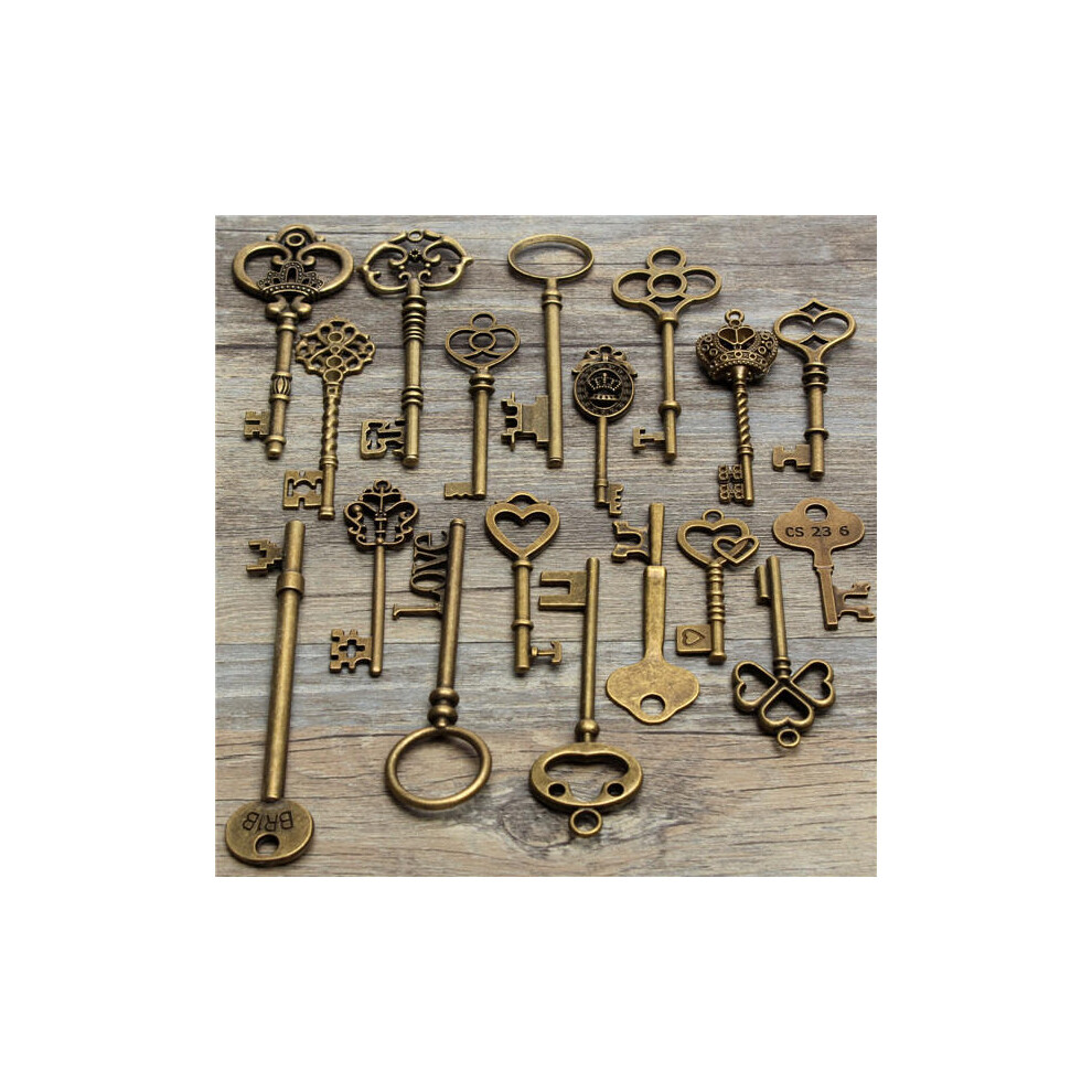 18Pcs Antique Vintage Old Look Skeleton Key Lot Pendant Heart Bow Lock Steampunk