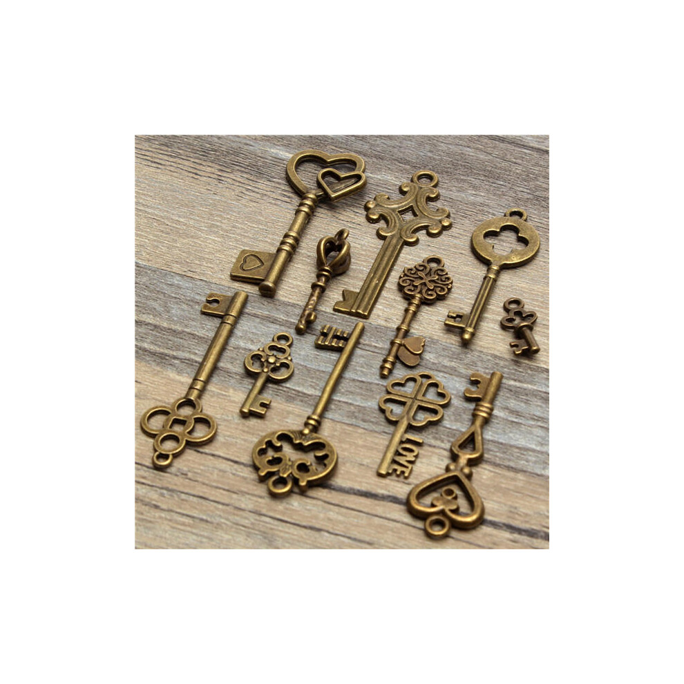 11Pcs Antique Vintage Old Look Skeleton Key Set Pendant Heart Bow Steampunk Lock
