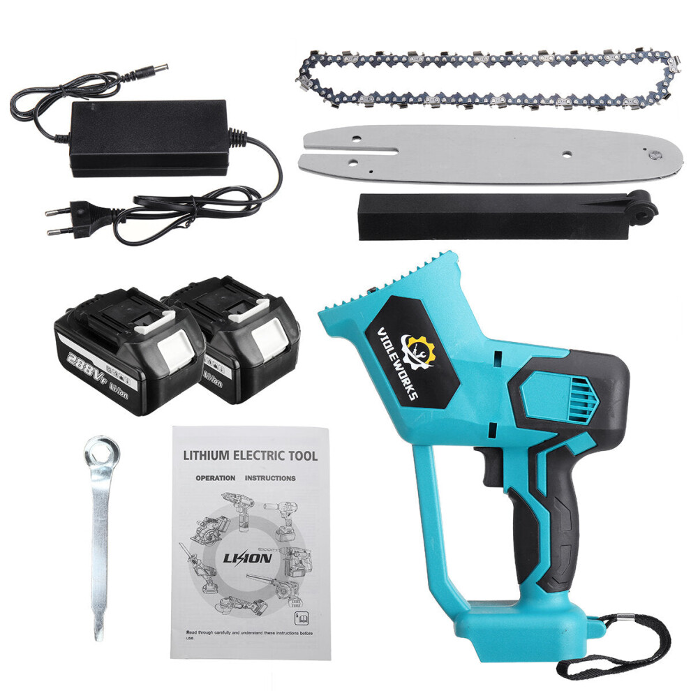 (Two Batteries, EU Plug) 8 Inch Cordless Electric Chainsaws One-Hand Saw Chain Saw Woodworking Tool