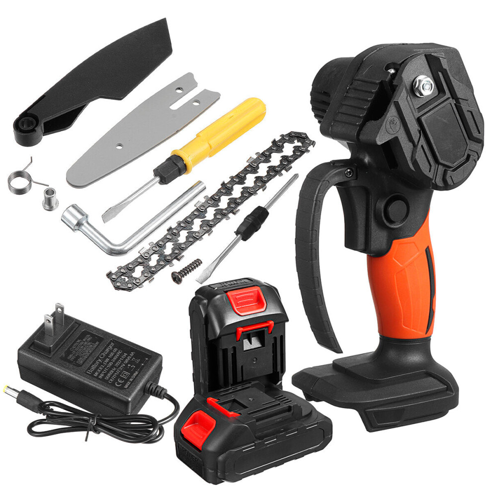 (Orange, Two 5-Cells Batteries) 88VF 4/6 Inch Cordless Electric Chain Saw Kit One-Hand Saw Mini Portable Woodworking Wood Cutter