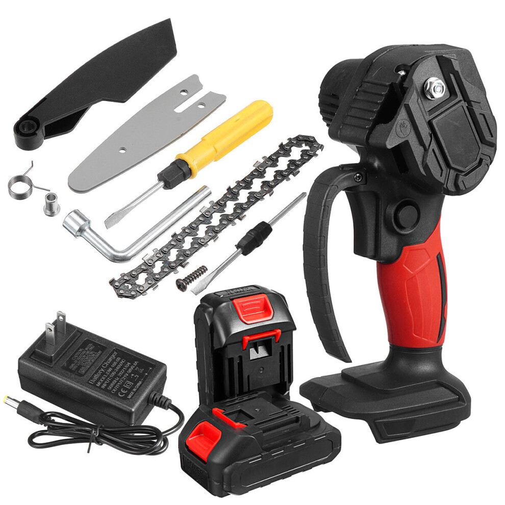 (Red, Two 5-Cells Batteries) 88VF 4/6 Inch Cordless Electric Chain Saw Kit One-Hand Saw Mini Portable Woodworking Wood Cutter