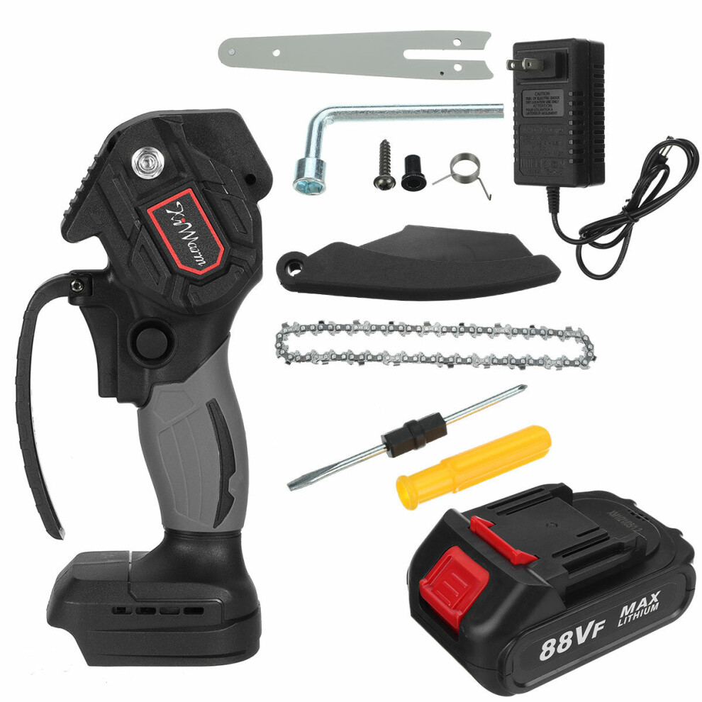 (One Battery, US Plug) 6 Inch 88VF Portable Electric Pruning Chain Saw Rechargeable Small Woodworking Chainsaw