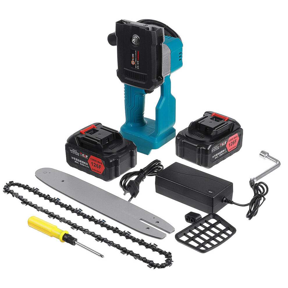 (Two Batteries, EU Plug) 21V 10 Inch Cordless Electric Chain Saw Wood Mini Cutter One-Hand Saw Woodworking Tool