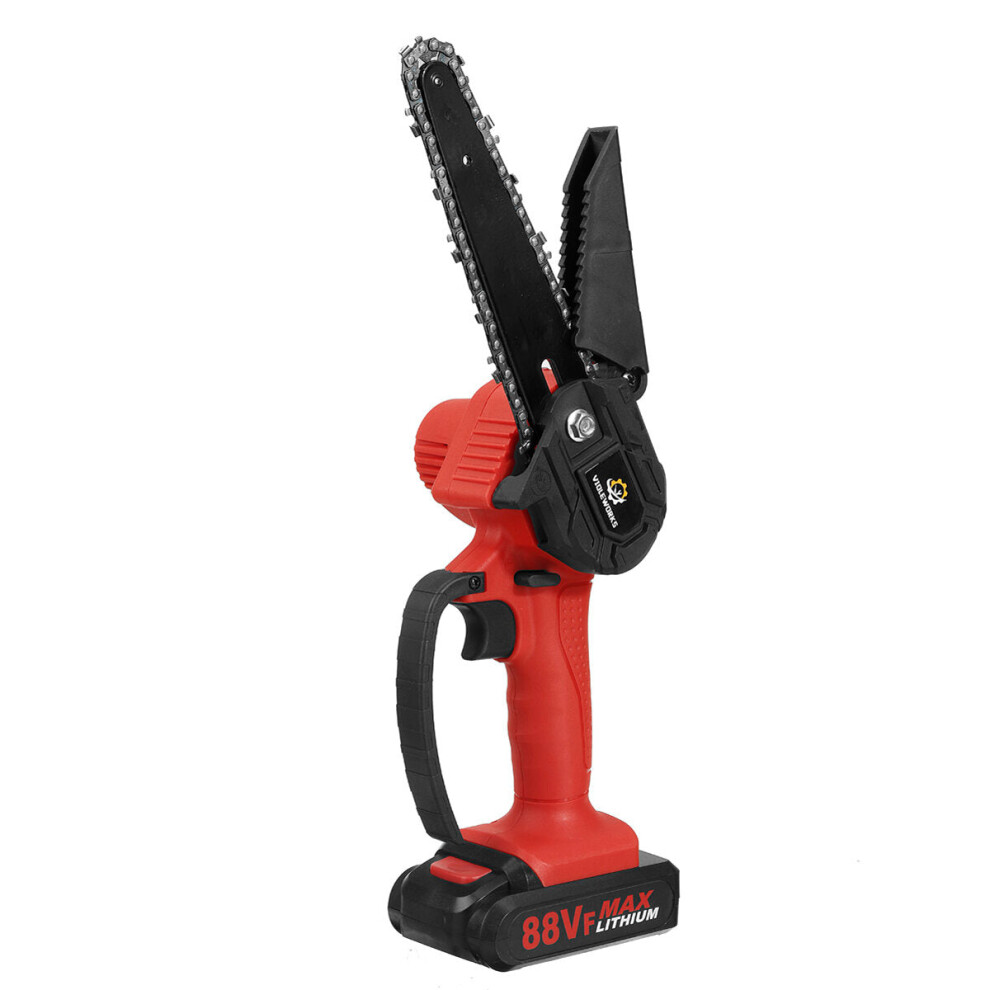 (Red, One Battery) 6 Inch 88VF Cordless Electric Chain Saw One-Hand Saw LED Woodworking Wood Cutter