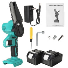 (Light Blue, Two 5-Cells Batteries) 21V 4/6 Inch Cordless Electric Chain Saw One-Hand Saw Mini Portable Woodworking Wood Cutter