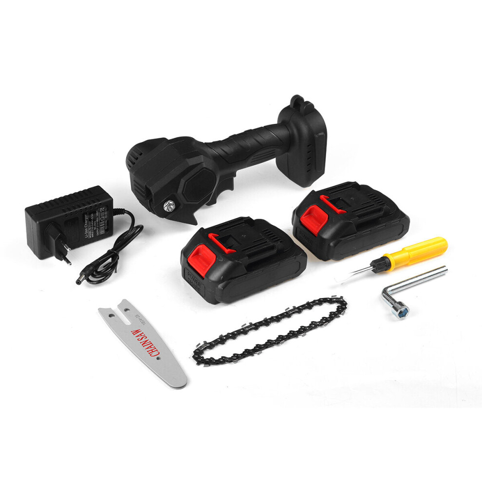 (Two Batteries, EU Plug) 550W 4 Inch Cordless Mini Electric Chainsaw Portable Rechargeable Woodworking Saw