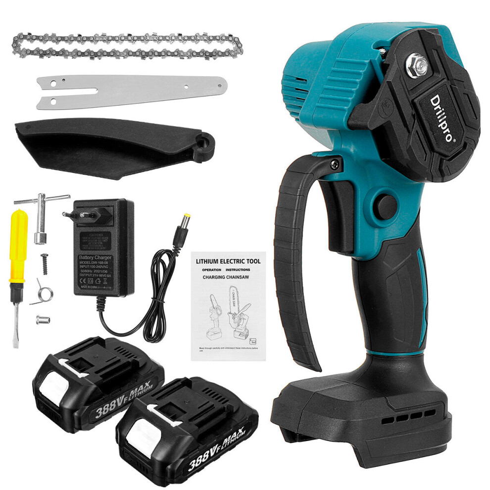 (Two Batteries, 4 Inch) 1200W 4In/6In Electric Saw Cordless Mini Rechargable Chain Saw Wood Cutter Fit Makita