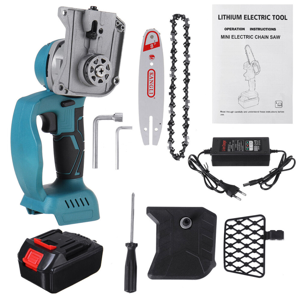 (EU Plug, 8 inch) 21V Cordless Electric Chain Saw Wood Mini Cutter One-Hand Saw Woodworking Tool