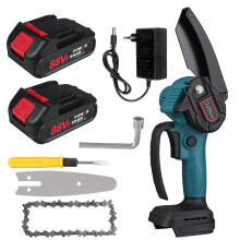 (Two Batteries, EU Plug) 4 Inch Mini Cordless Electric Chainsaw Rechargeable Wood Cutter One-Hand Saw