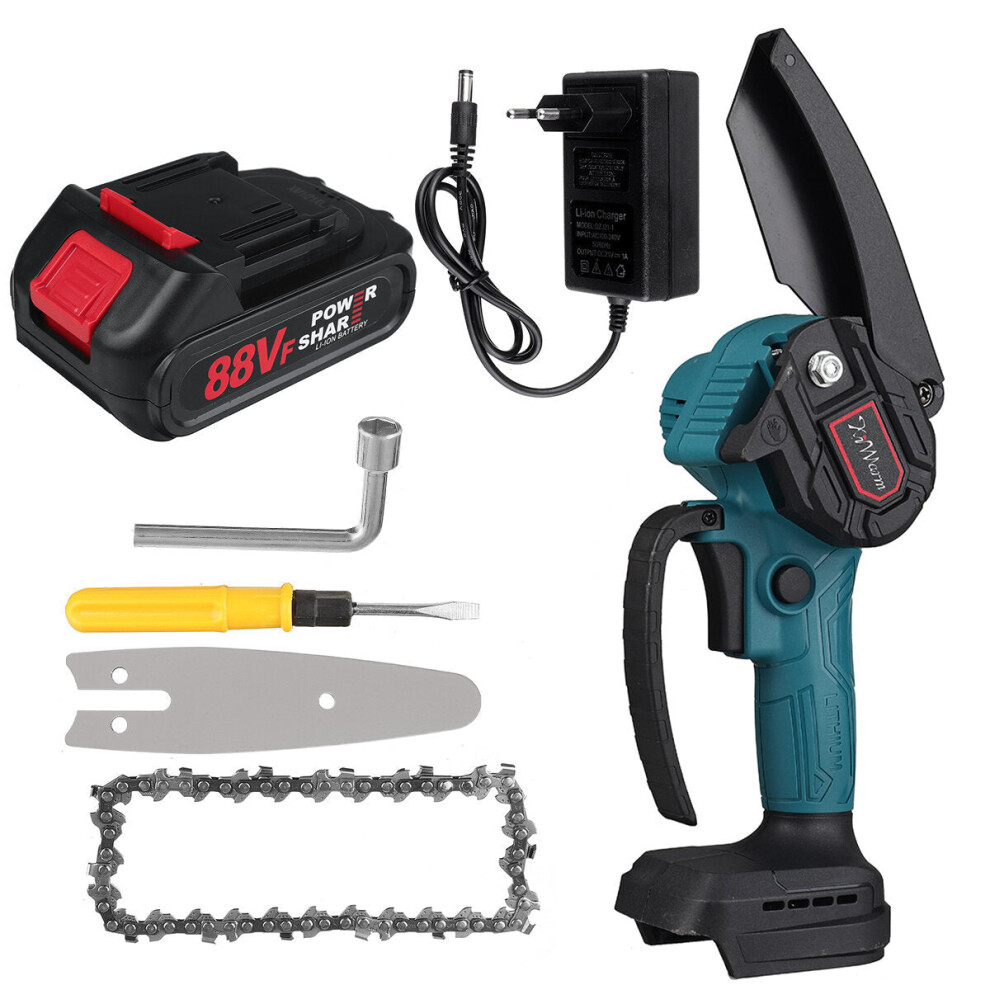 (One Battery, EU Plug) 4 Inch Mini Cordless Electric Chainsaw Rechargeable Wood Cutter One-Hand Saw