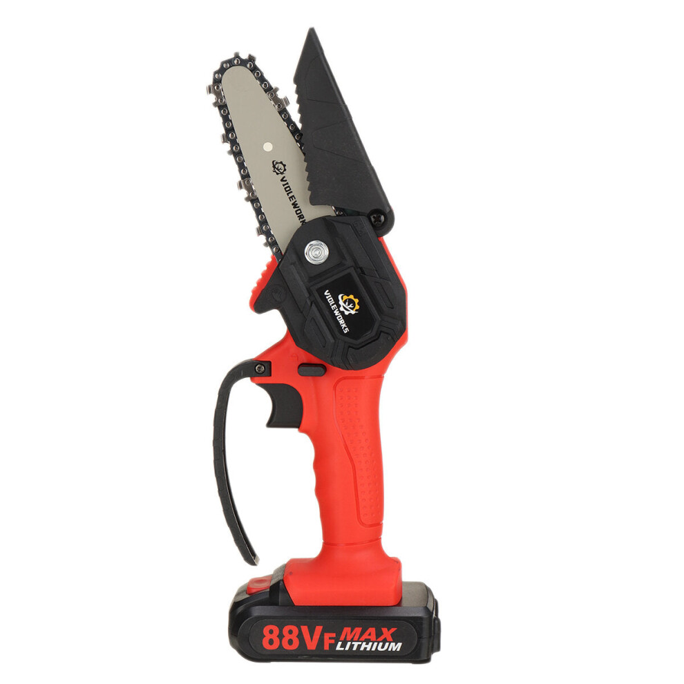 (Red, One Battery) 4 Inch 88VF Cordless Electric Chain Saw 1500W One-Hand Saw LED Woodworking Wood Cutter