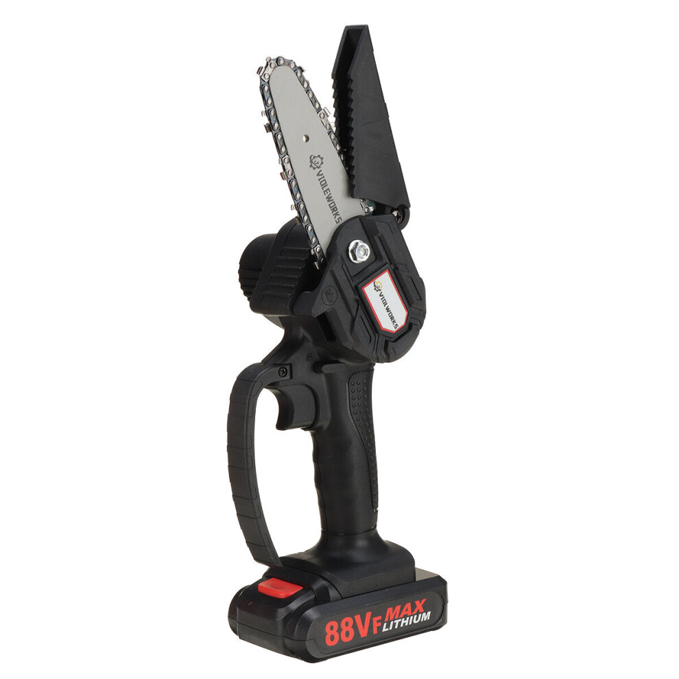 (Black, Two Batteries) 4 Inch 88VF Cordless Electric Chain Saw 1500W One-Hand Saw LED Woodworking Wood Cutter