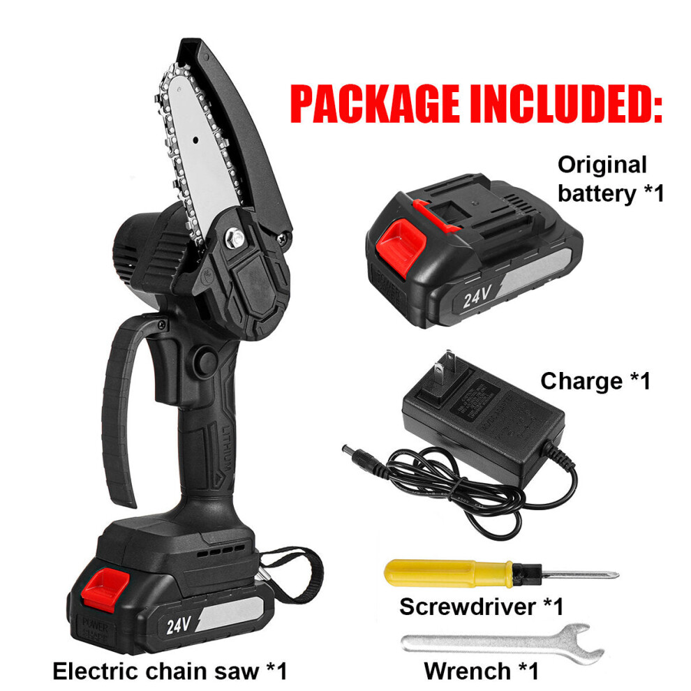 (One Battery) 4inch 24V Rechargeable Brushless Electric Chain Saw Woodworking Tool Wood Cutter ChainSaws