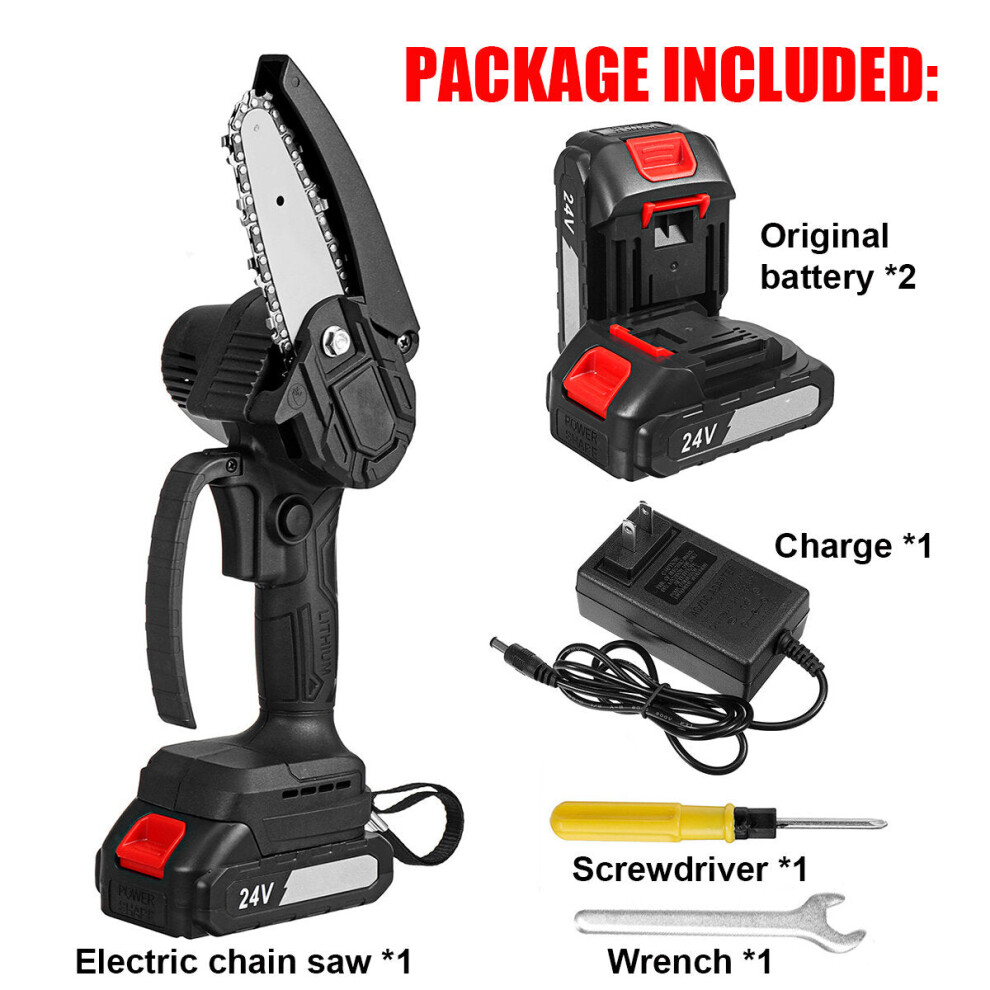 (Two Batteries) 4inch 24V Rechargeable Brushless Electric Chain Saw Woodworking Tool Wood Cutter ChainSaws