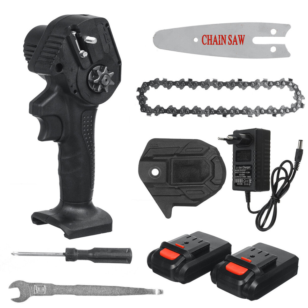 (Two Batteries, EU Plug) 4" Mini Cordless Electric Chain Saw Wood Cutter Woodworking One-Hand Saw