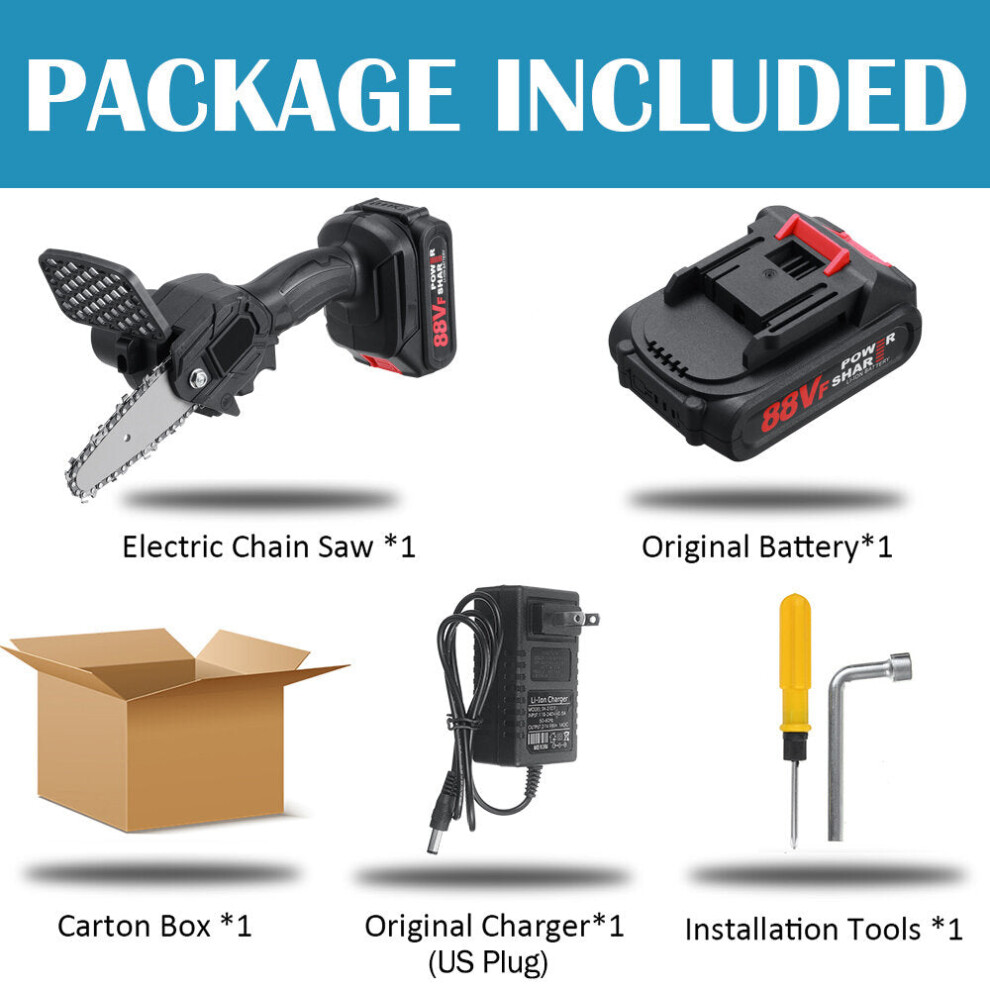 (One Battery, US Plug) Upgrade 4in 88VF 1500W 2500mAh Mini Electric Chain Saw Battery Indicator Rechargeable Woodworking Tool