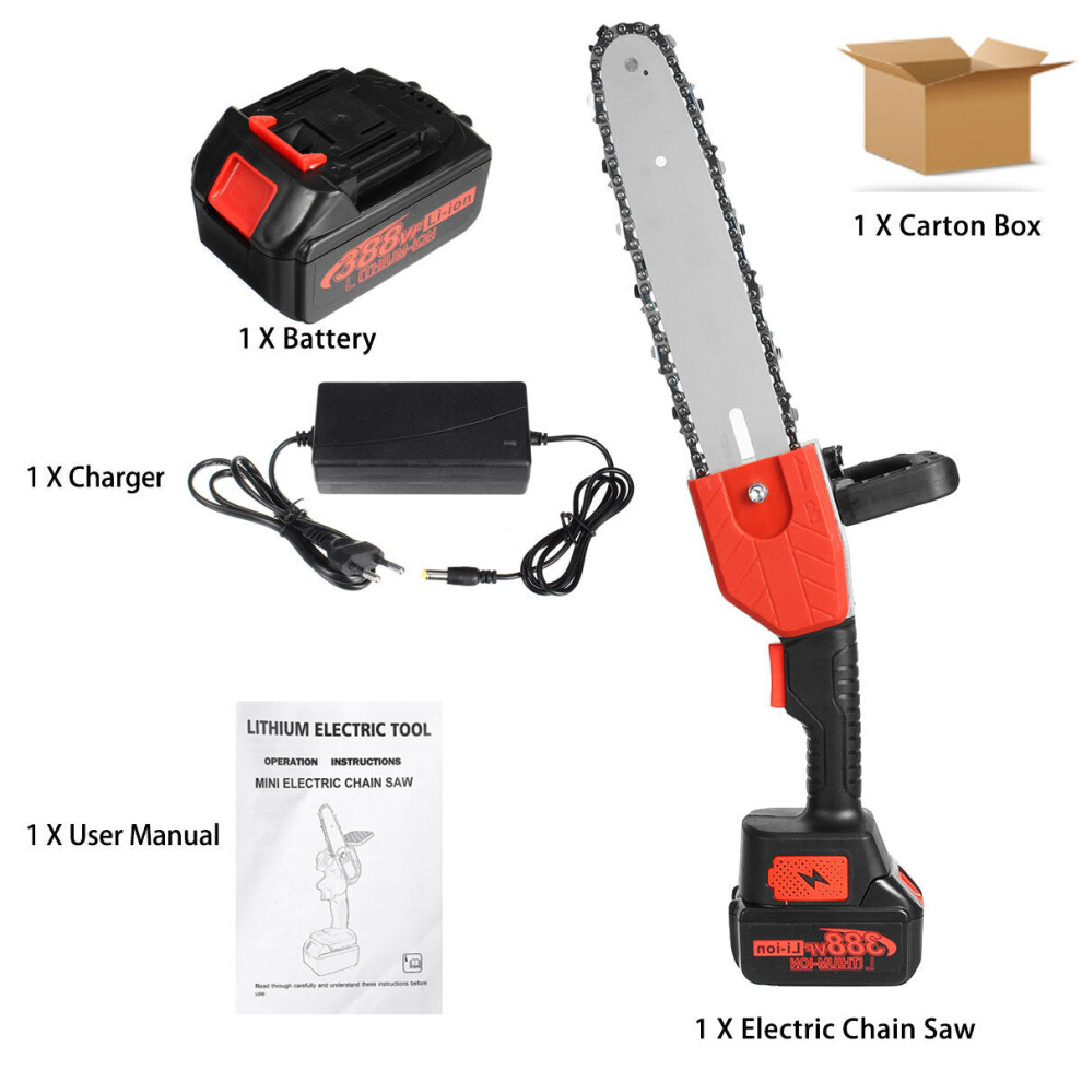 (Red & 1 Battery) 10 Inch Cordless Electric Chain Saw One-Hand Saw Woodworking Wood Cutter