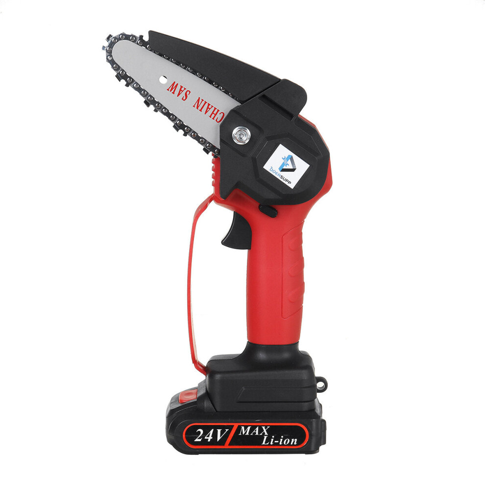 (Red, Two Batteries) 4" 24V Rechargeable Cordless Electric Saw Mini Handheld Chainsaw Wood Cutter Tool