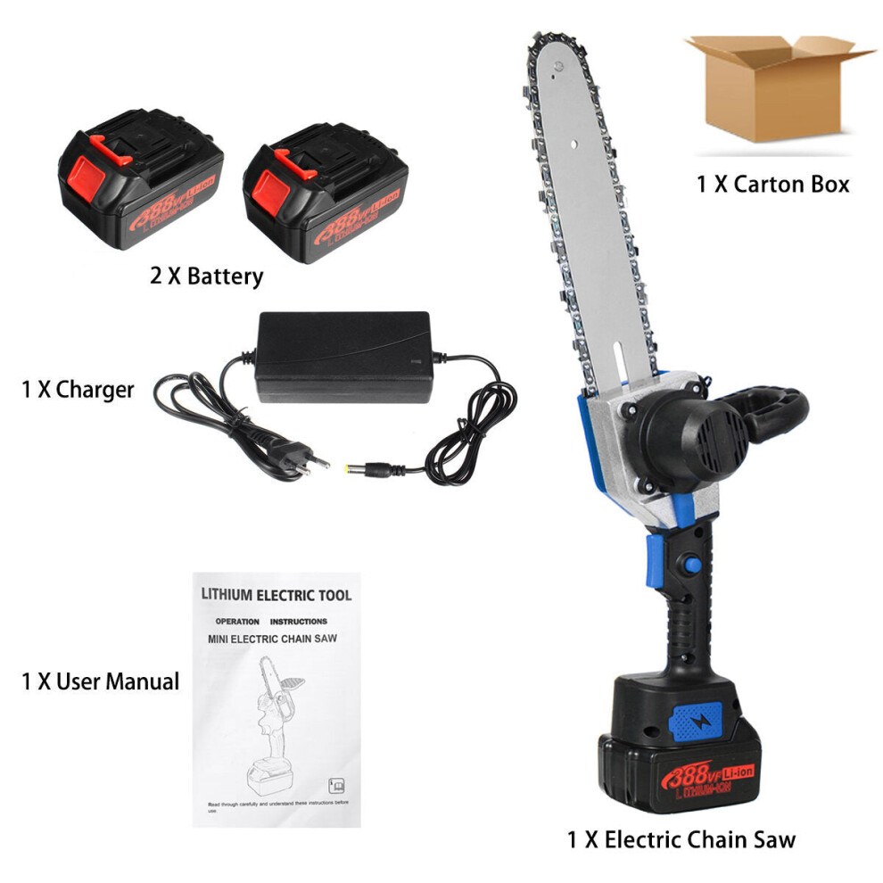 (Blue & 2 Batteries) 10 Inch Cordless Electric Chain Saw One-Hand Saw Woodworking Wood Cutter