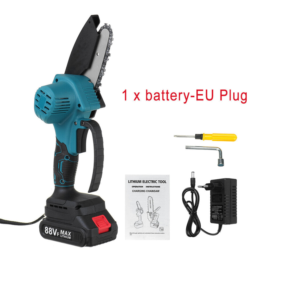 (One Battery, EU Plug) 4" 88VF Cordless Electric Chainsaw Rechargeable Woodworking Saw Wood Cutter
