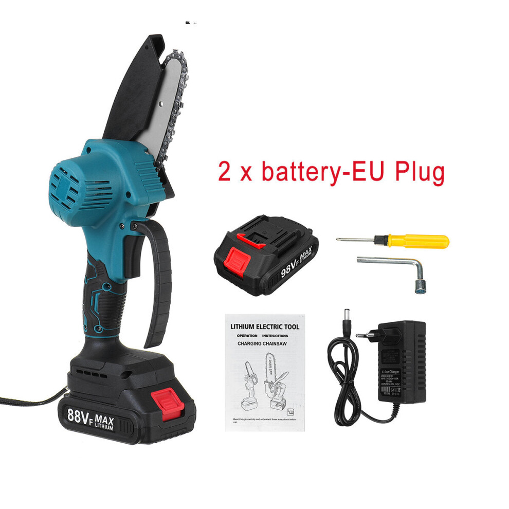 (Two Batteries, Eu Plug) 4" 88Vf Cordless Electric Chainsaw Rechargeable Woodworking Saw Wood Cutter 9078193476477