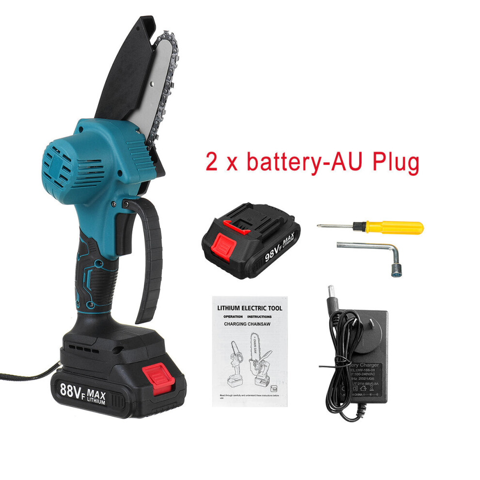 (Two Batteries, Au Plug) 4" 88Vf Cordless Electric Chainsaw Rechargeable Woodworking Saw Wood Cutter 9078193476484