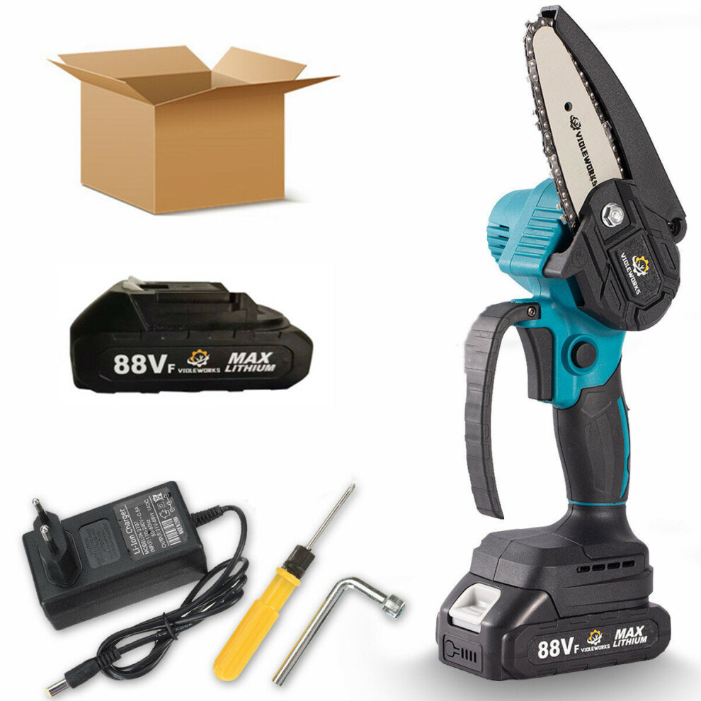 (One Battery) 4 Inch 88Vf Cordless Electric Chain Saw One-Hand Saw Woodworking Tool 9078193471595