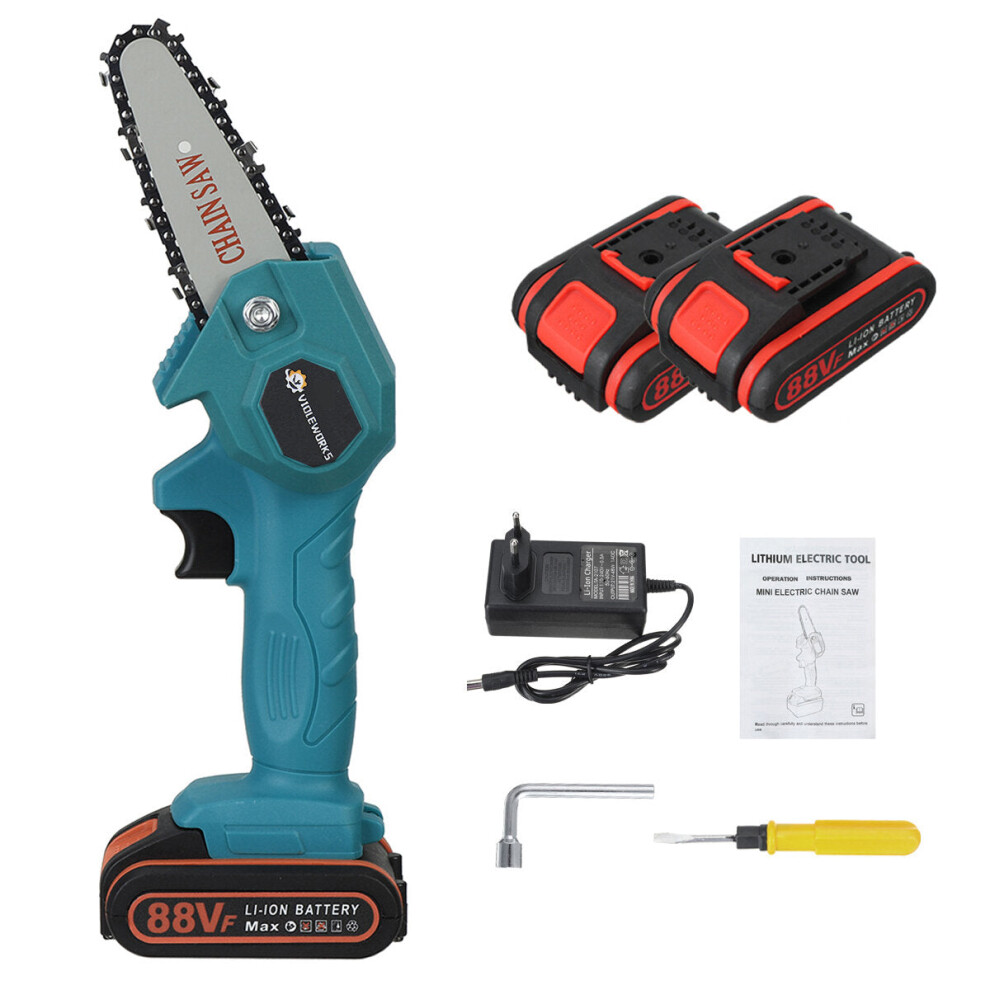 (Blue, with 2 Batteries) 4 Inches 88VF Cordless Electric One-Hand Saw Chain Saw Woodworking Cutting Tool