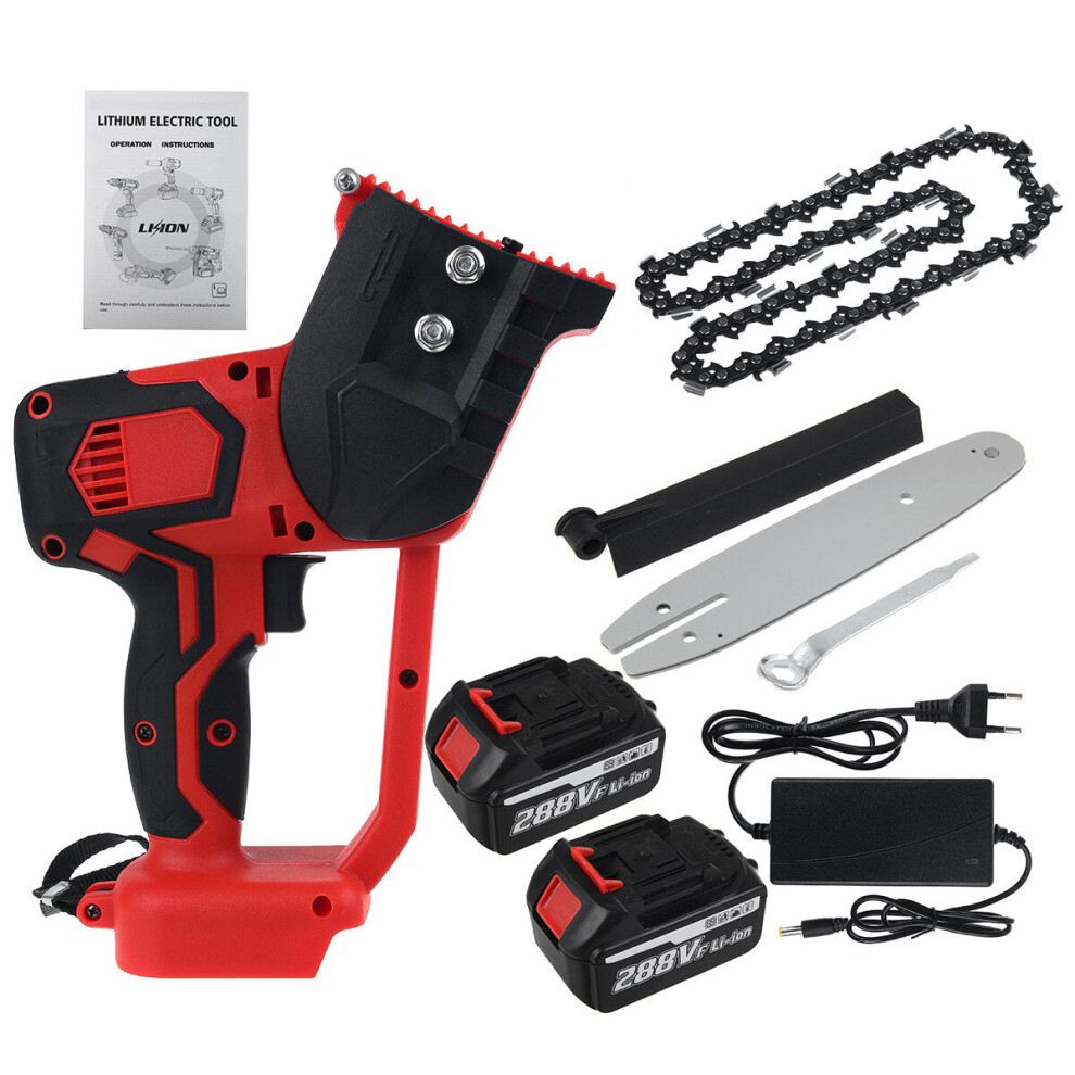 (Two Batteries) 8 Inch Electric Chainsaw Cordless Wood Cutter One-Hand Saw Woodworking Saw