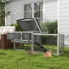 PawHut Rabbit Hutch, Wooden Guinea Pig Hutch with Run & Tray, Grey