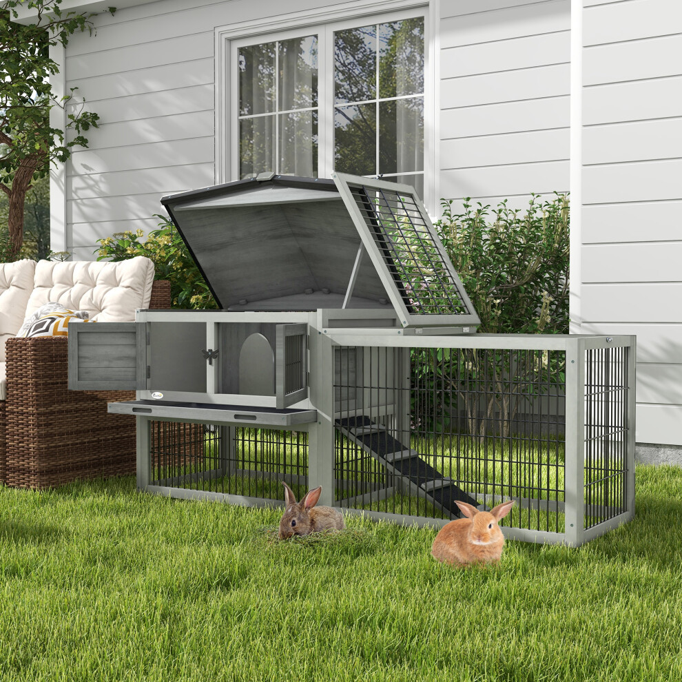 Pawhut Wooden Rabbit Hutch with Run, Asphalt Roof, Pull-Out Tray, Ramp, Grey
