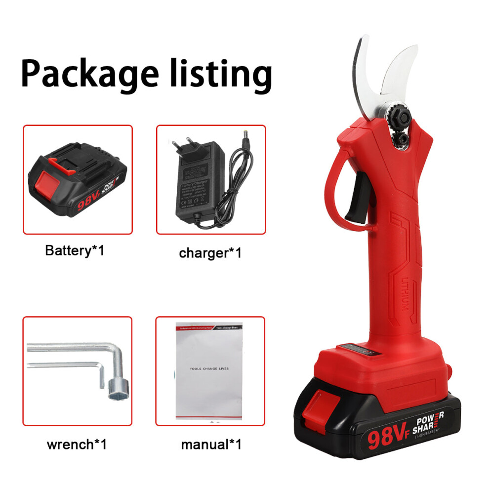 (Red, with 1 Battery) 21V 30mm Cordless Electric Scissors 3 Gears Pruning Shears Tree Branch Pruner Garden Tools
