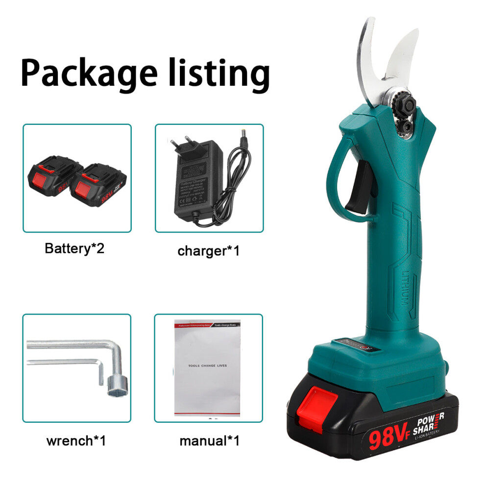 (Blue, with 2 Batteries) 21V 30mm Cordless Electric Scissors 3 Gears Pruning Shears Tree Branch Pruner Garden Tools