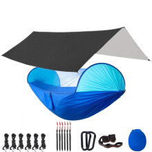(Black and Blue) Camping Hammock with Mosquito Net and 118x118in Rain Fly Tarp,10-ring Tree Strap Hammocks Swing for Backpacking, Survival,Travel