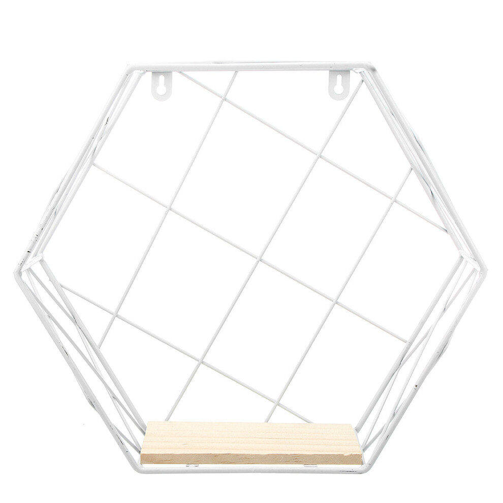 (White) Nordic Wooden Wall Mounted Shelf Grid Iron Hanging Storage Shelf Floating Rack Plant Holder Bookshelf Home Office Decor