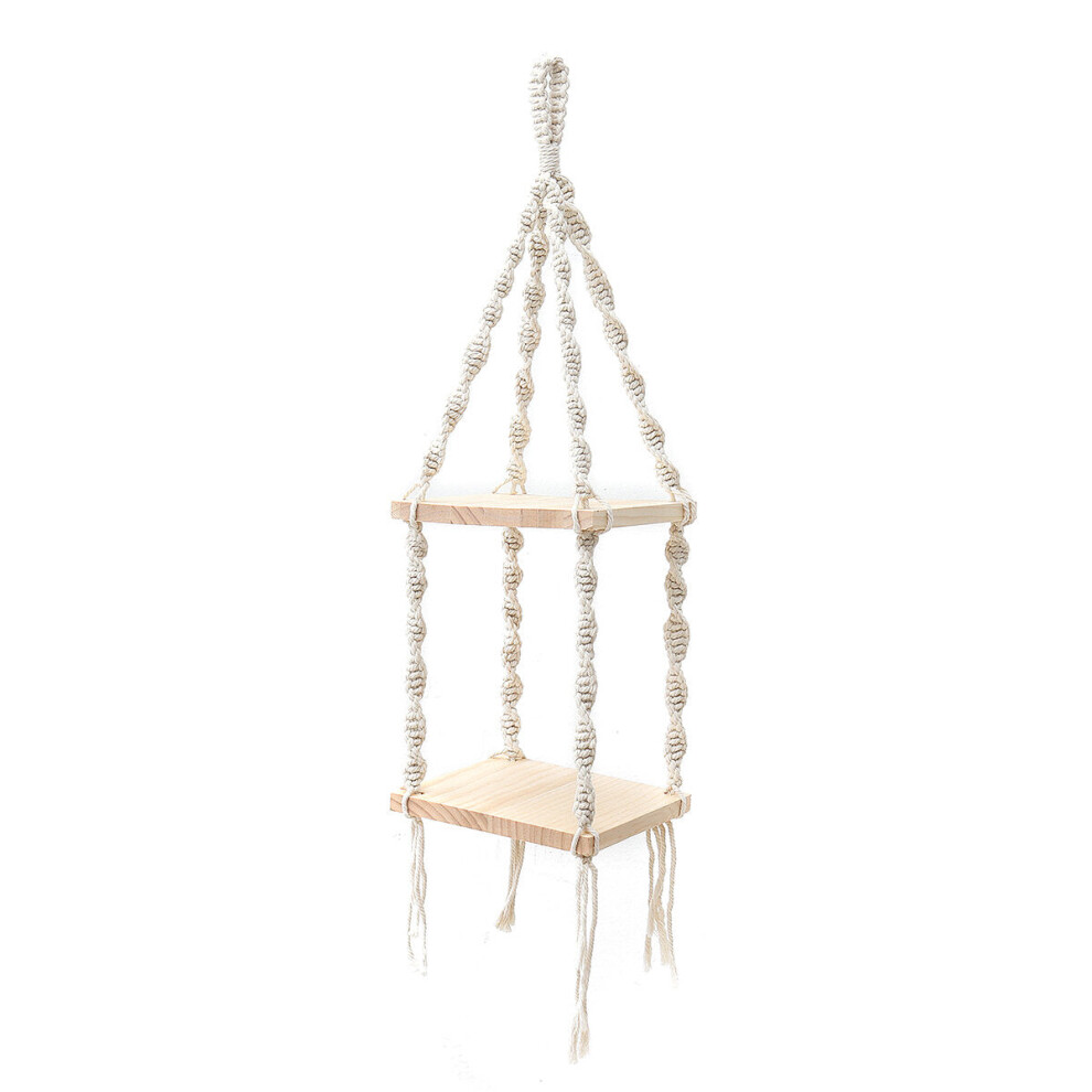 (B) 2 Tiers Wooden Wall Hanging Shelf Bohemian Handmade Macrame Wall Rope Rustic Shelves Floating Plant Rack Home Office Decorations