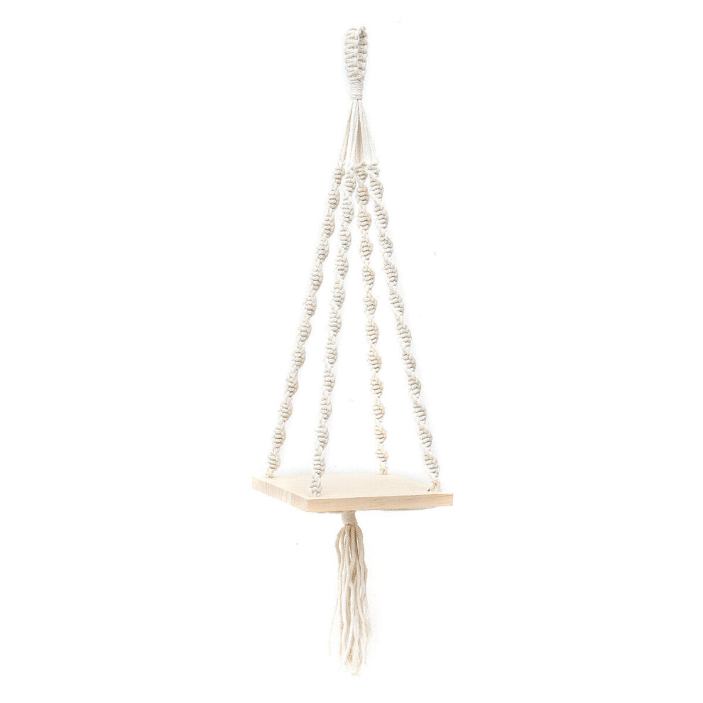 (A) 2 Tiers Wooden Wall Hanging Shelf Bohemian Handmade Macrame Wall Rope Rustic Shelves Floating Plant Rack Home Office Decorations