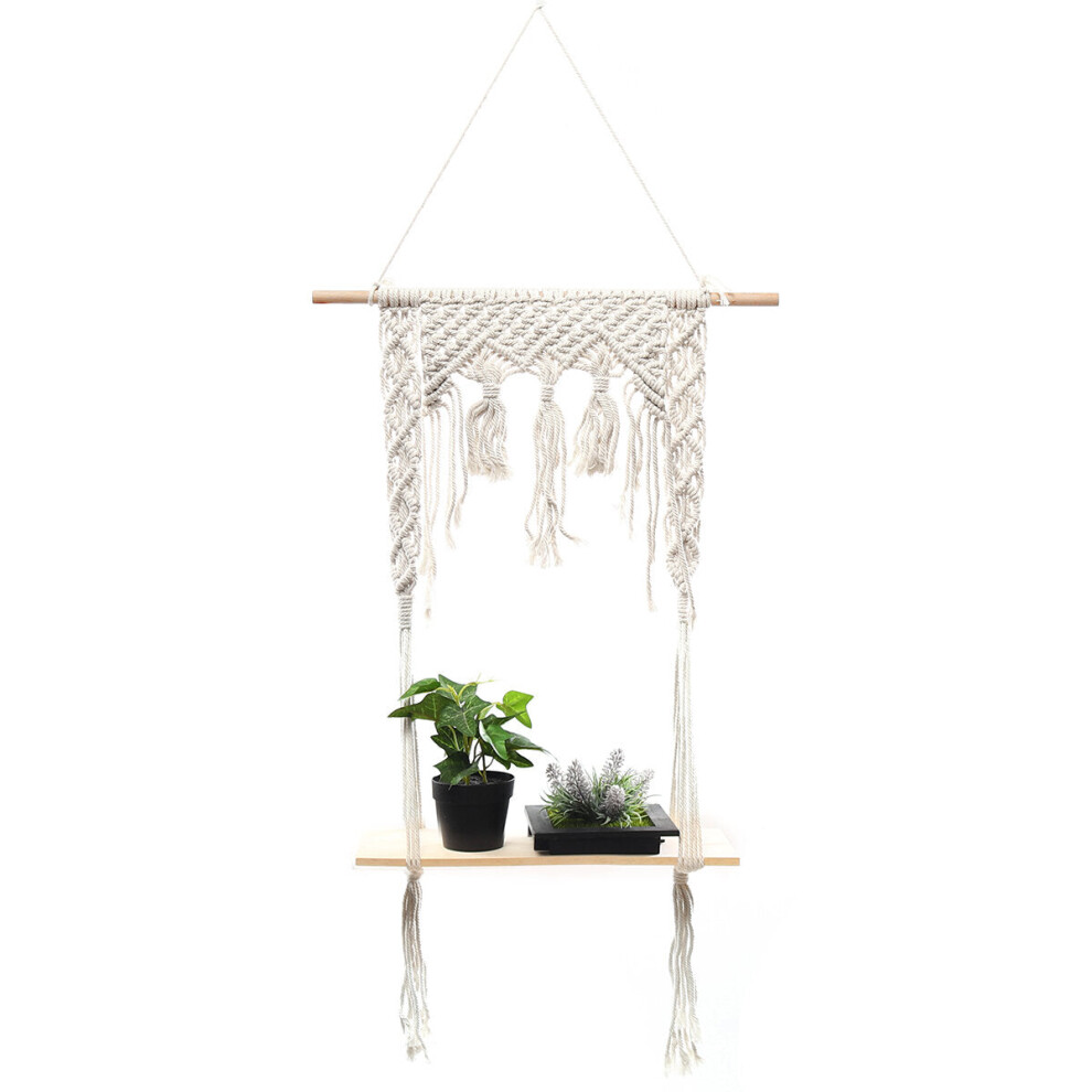 (02) 2 Layers Wooden Wall Hanging Tassel Floating Shelf Bohemian Handmade Macrame Hanging Planter Basket Plant Hanger Pot Home Decor