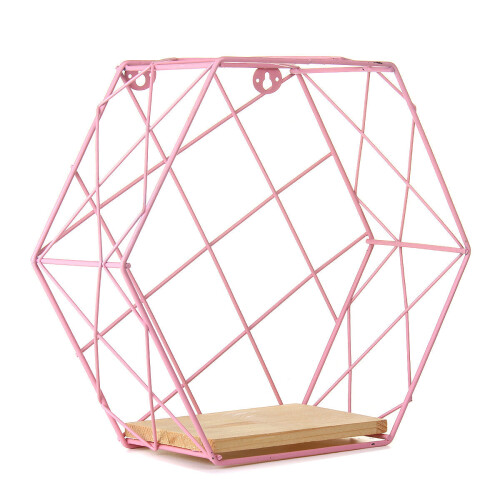 (Pink) DIY Wall-mounted Display Shelf Rack Floating Storage Iron Wood Organizer 1