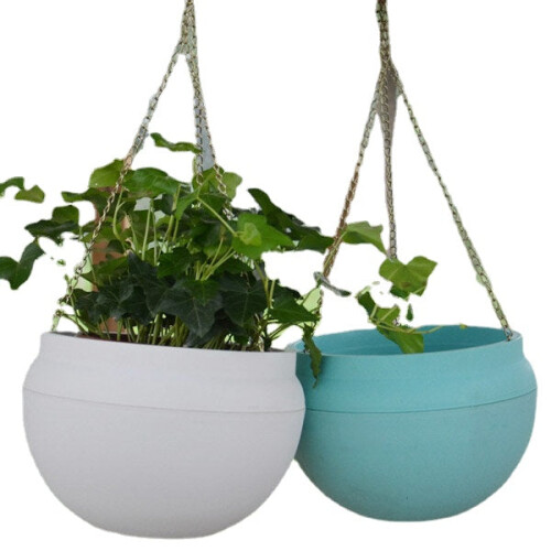 (White) Plastic Hanging Planter Pot Home Yard Hanging Flowers Baskets With Chain 2