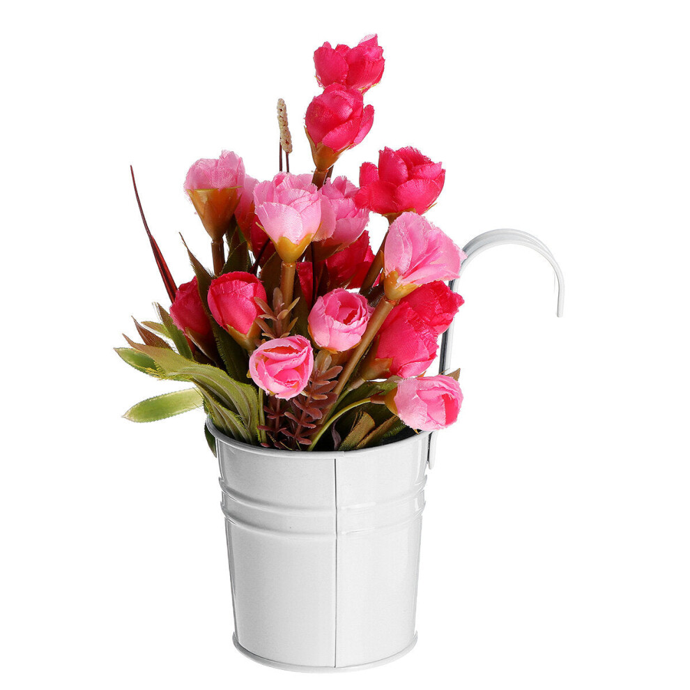 (White) Mini Flower Pot Hanging Balcony Garden Planter Metal Hook Iron Bucket Decoration