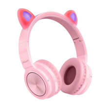 (Pink) Lucky Cat Bluetooth Wireless Headset LED Light TF Card Cute Cat Ear Girls Earphone Hi-Fi Stereo Bass Headphone With Mic