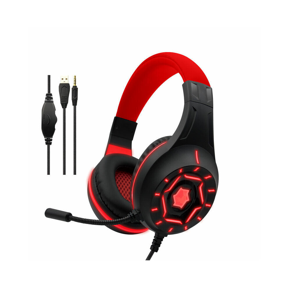 (Red) Gaming Headphones 3.5mm Wire USB 7.1 Virtual Surround Channel RGB with Mic Over Ear Wired Headset Noise Reduction Microphone