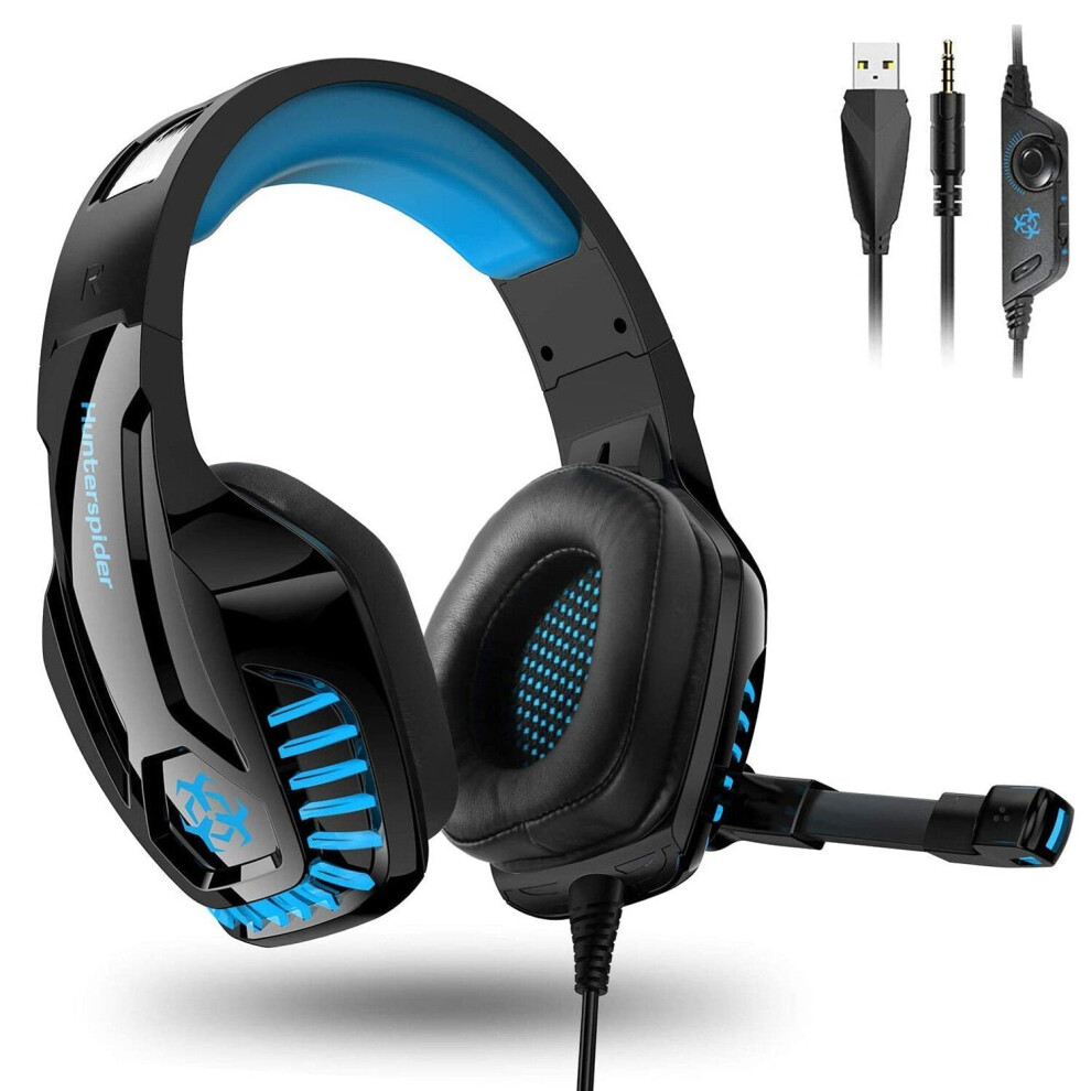 (Blue) Gaming Headset Computer Headphone LED Luminous Headset Surround Sound Bass RGB Game With Microphone