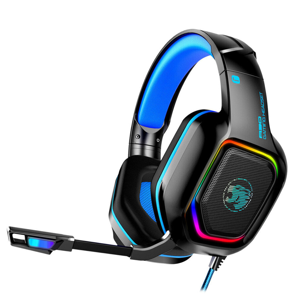 (Black blue) Wired 3.5mm Gaming Headset Surround Sound Bass Gaming Headphones Noise Reduction LED Light Stereo Over-Ear Headphones With Microphone