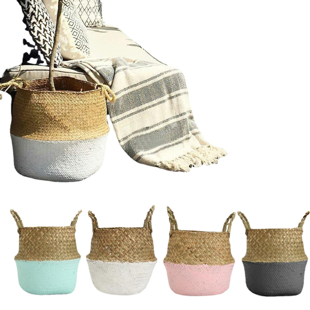 (Pink) Foldable Rattan Straw Basket Flower Pot Hanging Wicker Storage Baskets Garden Accessories