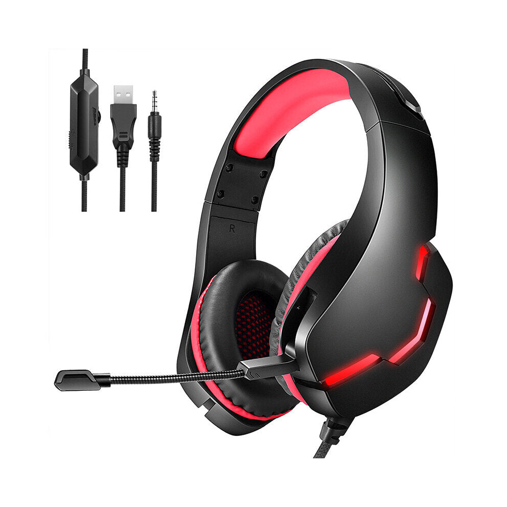 (Black + Red) Gaming Headset USB 7.1 3.5mm Wired Deep Bass Stereo LED Light Headphone with Mic for PS4 Xbox PC Laptop Gamer